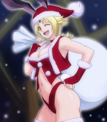Rule 34 | 1girl, ;d, animal ears, blonde hair, breasts, rabbit ears, cleavage, female focus, hand on own hip, haruyama kazunori, hat, large breasts, looking at viewer, navel, one eye closed, open mouth, project x zone 2, santa costume, santa hat, sheath (pxz), short hair, smile, solo, yellow eyes