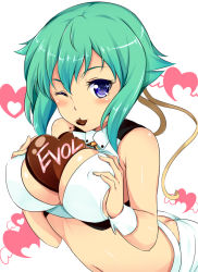 Rule 34 | 10s, 1girl, aquarion (series), aquarion evol, between breasts, blue eyes, breasts, chocolate, chocolate on body, chocolate on breasts, green hair, heart, hinata sora, large breasts, midriff, one eye closed, short hair, solo, upper body, wink, zessica wong