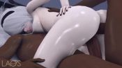 Rule 34 | 1girl, 2boys, 3d, anal, animated, ass, blindfold, bouncing breasts, breasts, dark skin, dark-skinned male, double penetration, group sex, hairband, hetero, interracial, laosduude, large breasts, multiple boys, nier (series), nier:automata, nipples, nude, sex, short hair, uncensored, vaginal, video, white hair, 2b (nier:automata)