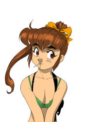 Rule 34 | 1990s (style), 1girl, bow, bra, breasts, female focus, gunsmith cats, holster, long hair, misty brown, orange hair, red eyes, retro artstyle, simple background, smile, solo, underwear, white background