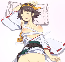 Rule 34 | 10s, 1girl, armpits, breasts, brown hair, caryo, cleavage, collarbone, detached sleeves, drooling, groin, hairband, hiei (kancolle), kantai collection, lying, nanashino, nipples, nontraditional miko, on back, open mouth, out-of-frame censoring, pillow, sarashi, shadow, short hair, simple background, sleeping, solo, sweat, wardrobe malfunction