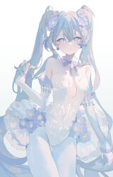 Rule 34 | 1girl, absurdres, blue bow, blue eyes, blue flower, blue hair, bow, bowtie, breasts, dress, earrings, flower, full body, hair between eyes, hatsune miku, highres, jewelry, long hair, looking at viewer, luzi/fengli nanzi, open mouth, simple background, sleeveless, sleeveless dress, small breasts, twintails, vocaloid, white background