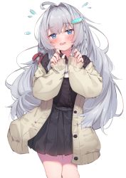 Rule 34 | 1girl, ahoge, black skirt, blue eyes, braid, coat, commentary request, eip (pepai), food-themed hair ornament, grey hair, hair ornament, hair ribbon, long hair, long sleeves, looking at viewer, original, pleated skirt, red ribbon, ribbon, simple background, skirt, solo, standing, thighs, twin braids, white background, yellow coat
