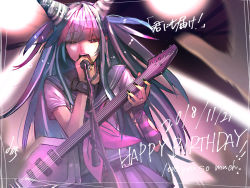 Rule 34 | 1girl, asymmetrical gloves, black nails, commentary request, cowboy shot, danganronpa (series), danganronpa 2: goodbye despair, dated, ear piercing, electric guitar, english text, gloves, guitar, hair horns, happy birthday, highres, holding, holding microphone, instrument, jellicle341, long hair, microphone, microphone stand, mioda ibuki, mismatched gloves, miyoichi ( miyoichi), multicolored hair, music, nail polish, open mouth, piercing, pink eyes, pink skirt, school uniform, serafuku, shirt, short sleeves, singing, skirt, solo, translation request, white shirt