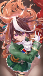 Rule 34 | 1girl, absurdres, animal ears, black thighhighs, brown hair, closed mouth, commentary request, gloves, green skirt, hair between eyes, hatsuga (dmaigmai), highres, horse ears, horse girl, huge filesize, long hair, long sleeves, looking at viewer, multicolored hair, purple eyes, skirt, solo, symboli rudolf (umamusume), thighhighs, thighs, umamusume, white gloves, white hair, zettai ryouiki