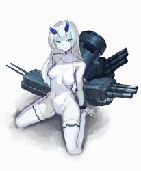 Rule 34 | 1girl, abyssal kushiro cloud princess, abyssal ship, aqua eyes, blue horns, breasts, closed mouth, colored skin, grey hair, highres, horns, kantai collection, kasanomaya, kneeling, leotard, long hair, looking at viewer, medium breasts, rigging, simple background, solo, thighhighs, torpedo tubes, turret, white leotard, white skin, white thighhighs