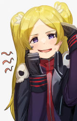 Rule 34 | 1girl, black cape, black gloves, blonde hair, blue eyes, blush, cape, cheek pinching, emily stewart, forehead, gloves, grey background, idol heroes (idolmaster), idolmaster, idolmaster million live!, jacket, long hair, long sleeves, looking at viewer, open mouth, parted bangs, pinching, purple jacket, red shirt, shirt, simple background, skull, sleeves past wrists, smile, solo, suzuki puramo, sweat, twintails, upper body, very long hair