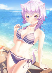 Rule 34 | 1girl, :p, animal ear fluff, animal ears, beach, bikini, blush, breasts, cat ears, cat girl, cat tail, cleavage, cowboy shot, cup, day, drinking glass, food, frilled bikini, frills, hair between eyes, halterneck, highres, hiyorou, holding, holding food, hololive, lens flare, looking at viewer, medium breasts, medium hair, navel, nekomata okayu, ocean, outdoors, popsicle, purple bikini, purple eyes, purple hair, side-tie bikini bottom, solo, striped bikini, striped clothes, swimsuit, table, tail, tongue, tongue out, virtual youtuber, wet