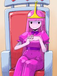 Rule 34 | 1girl, adventure time, blush, breasts, colored skin, commentary request, dress, highres, long hair, medium breasts, misonou hirokichi, no pupils, pink hair, pink skin, princess bonnibel bubblegum, sitting, smile, solo, tiara, very long hair