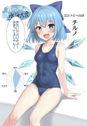 Rule 34 | 1girl, :d, absurdres, alternate costume, blue bow, blue eyes, blue hair, blush, bow, cirno, commentary request, covered navel, detached wings, fang, hair bow, highres, ice, ice wings, looking at viewer, old school swimsuit, open mouth, paid reward available, radar chart, school swimsuit, short hair, sitting, skin fang, smile, solo, speech bubble, swimsuit, touhou, translation request, wings, youmu-kun
