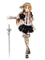 Rule 34 | 10s, 1girl, akiraaaaa1, asuna (sao), black dress, brown hair, detached sleeves, dress, frilled skirt, frills, gothic lolita, hairband, highres, lolita fashion, long hair, simple background, skirt, solo, sword, sword art online, thighhighs, weapon, white background