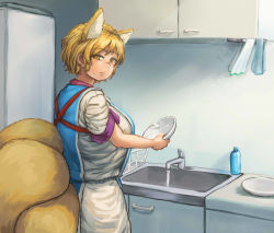 Rule 34 | 1girl, blonde hair, bowl, breasts, chanta (ayatakaoisii), cupboard, dishwashing, expressionless, extra ears, fox tail, from behind, holding, holding bowl, huge breasts, indoors, long skirt, looking at viewer, looking back, multiple tails, no headwear, refrigerator, shirt, short hair, sink, skirt, sleeves rolled up, soap bubbles, solo, sweatdrop, tabard, tail, touhou, wash cloth, water, white shirt, white skirt, yakumo ran, yellow eyes