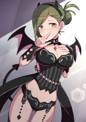 Rule 34 | 1girl, absurdres, armband, bare shoulders, bikini, black armband, black bikini, black collar, black hairband, black sleeves, black thighhighs, blush, breasts, cleavage, collar, demon horns, demon tail, demon wings, detached collar, detached sleeves, fake horns, fake tail, fake wings, folded ponytail, gotokawa meguro, green eyes, green hair, hairband, hand on own chest, hands up, highres, horns, idolmaster, idolmaster shiny colors, idolmaster starlit season, index finger raised, large breasts, long hair, looking at viewer, midriff, nanakusa hazuki, navel, solo, standing, swimsuit, tail, thighhighs, wings