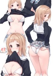 Rule 34 | !, !!, 1girl, :o, adjusting clothes, adjusting panties, ass, black shirt, blush, bow, bowtie, bra, breasts, breasts apart, brown eyes, clothes lift, commentary request, highres, idolmaster, idolmaster shiny colors, lace, lace-trimmed bra, lace trim, lifted by self, light brown hair, long hair, looking at viewer, looking back, medium breasts, mouth hold, multiple views, navel, open mouth, panties, plaid, plaid skirt, pleated skirt, sailor collar, sakuragi mano, school uniform, shirt, shirt lift, simple background, skirt, skirt lift, speech bubble, two-tone neckwear, two-tone skirt, underwear, unfastened, uniform, upper body, white background, white bra, white panties, yoi naosuke