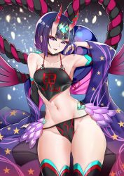Rule 34 | 1girl, arm support, armpits, bare shoulders, black choker, black panties, blunt bangs, breasts, chinese clothes, choker, collarbone, cyicheng, detached sleeves, dudou, eyebrows, fate/grand order, fate (series), gourd, headpiece, heart, horn ornament, horns, looking at viewer, navel, panties, purple eyes, purple hair, red horns, rope, seductive smile, shimenawa, short hair, shuten douji (fate), shuten douji (fate/grand order), shuten douji (halloween caster) (fate), sitting, skin-covered horns, small breasts, smile, solo, spaghetti strap, stomach, string panties, thighhighs, thighs, underwear, wide hips