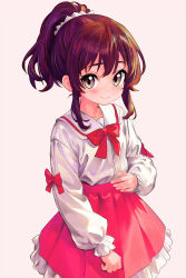 Rule 34 | 1girl, absurdres, bow, bowtie, breasts, brown eyes, brown hair, closed mouth, collarbone, collared shirt, fingernails, highres, long sleeves, medium hair, multicolored eyes, original, pink skirt, pleated skirt, ponytail, puffy long sleeves, puffy sleeves, purple hair, red bow, red bowtie, shirt, sidelocks, skirt, sleeve bow, small breasts, smile, solo, tsukiyono aroe, white shirt, yellow eyes