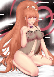 Rule 34 | 1girl, :p, @ @, artist name, breasts, brown hair, condom, danganronpa (series), danganronpa 3 (anime), highres, holding, holding condom, hypnosis, kneeling, large breasts, lingerie, long hair, looking at viewer, mind control, navel, negligee, newovermind, nipples, no bra, no panties, paid reward available, pink eyes, see-through, solo, tongue, tongue out, underwear, very long hair, watermark, web address, yukizome chisa