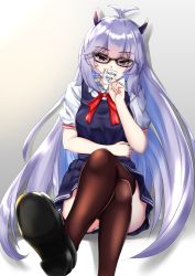 Rule 34 | 1girl, bespectacled, blue eyes, blue hair, blue skirt, breasts, crossed legs, english text, finger to own chin, glasses, gradient hair, hearty-cg, highres, horns, indie virtual youtuber, long hair, looking at viewer, medium breasts, multicolored hair, note, profanity, school uniform, shoe soles, silver hair, sitting, skirt, smile, solo, thighhighs, vei (vtuber), vei (vtuber) (2nd costume), very long hair, virtual youtuber