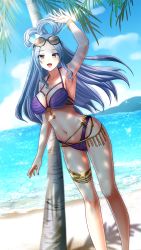 Rule 34 | 1girl, :d, arm up, beach, belly chain, bikini, black-framed eyewear, blue hair, blue sky, bracelet, breasts, brown-tinted eyewear, character request, cleavage, cloud, collarbone, day, doukyuusei another world, eyewear on head, floating hair, game cg, gluteal fold, jewelry, large breasts, long hair, looking at viewer, multi-strapped bikini, nail polish, navel, ocean, official art, open mouth, outdoors, palm tree, purple bikini, red eyes, sky, smile, solo, sparkle, standing, striped bikini, striped clothes, summer, sunglasses, sunglasses on head, sunlight, swimsuit, thighlet, tinted eyewear, tree, very long hair