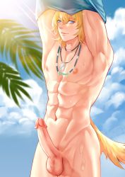 Rule 34 | absurdres, animal ears, arknights, bad id, bad pixiv id, blonde hair, blue eyes, clothes lift, highres, large penis, male focus, muscular, muscular male, nude, penis, shirt lift, solo, sunglasses, tail, tequila (arknights), yedong