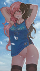 Rule 34 | 1girl, armpits, arms behind head, arms up, backlighting, black thighhighs, blurry, blush, bokeh, bottomless, breasts, brown eyes, brown hair, clothes writing, cowboy shot, depth of field, hair between eyes, heterochromia, highres, jersey, kuon (kwonchanji), long hair, looking at viewer, medium breasts, neo politan, no panties, outdoors, parted lips, pink eyes, pink hair, pussy, rwby, skindentation, smile, solo, standing, swept bangs, tagme, thighhighs, thighs, uncensored, wavy hair