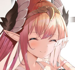 Rule 34 | 1girl, ^ ^, blush, circe (fate), circlet, closed eyes, closed eyes, fate (series), feather hair ornament, feathers, feather hair ornament, hair flowing over, long hair, pink hair, pointy ears, portrait, smile, solo, tsukise miwa
