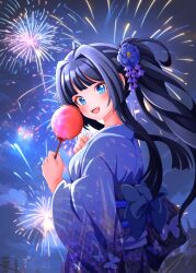 Rule 34 | 1girl, absurdres, aerial fireworks, alternate costume, blue eyes, blue hair, blue kimono, blush, candy, candy apple, dark blue hair, fireworks, flower, food, hair flower, hair ornament, highres, holding, holding candy, holding food, idolmaster, idolmaster million live!, japanese clothes, kimono, looking at viewer, looking back, mogami shizuka, outdoors, ponytail, raby vivid, smile, solo, yukata