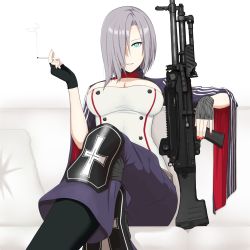 Rule 34 | 1girl, aqua eyes, assault rifle, black gloves, boots, breasts, cigarette, cleavage, couch, crossed legs, dress, feet out of frame, fingerless gloves, general-purpose machine gun, girls&#039; frontline, gloves, grey hair, gun, h&amp;k mg5, hair over one eye, highres, holding, holding cigarette, holding gun, holding weapon, large breasts, looking at viewer, machine gun, medium hair, mg5 (girls&#039; frontline), nail polish, open mouth, pants, parted lips, purple pants, red nails, rifle, sitting, smile, smoke, solo, sumi ojie, weapon, white background, white dress, wide sleeves