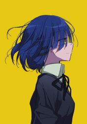 Rule 34 | 1girl, absurdres, black ribbon, black sweater, blue hair, bocchi the rock!, closed mouth, collared shirt, earrings, eyes visible through hair, from side, hair ornament, hair over one eye, hairclip, highres, jewelry, light smile, looking away, neck ribbon, profile, ribbon, shirt, simple background, solo, stud earrings, sweater, toake mikage, upper body, white shirt, yamada ryo, yellow background, yellow eyes