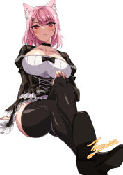 Rule 34 | 1girl, animal ears, arm behind back, black bow, black choker, black footwear, black skirt, black thighhighs, blush, bow, breasts, cat ears, cat girl, choker, cleavage, closed mouth, collarbone, commentary, commission, corset, crossed legs, dated, dot nose, english commentary, forehead, frilled skirt, frills, frown, full body, hand on own knee, highres, large breasts, legs, legs together, looking at viewer, mole, mole under eye, nekomata, original, parted bangs, pink hair, pink nails, rantia, red eyes, shadow, short hair, signature, simple background, sitting, skirt, solo, thighhighs, white background