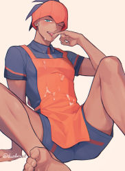 Rule 34 | 1boy, apron, arm support, barefoot, black hair, blush, collared shirt, commentary request, creatures (company), cum, earrings, game freak, green eyes, hand up, jewelry, licking, licking cum, licking finger, looking down, male focus, meiji (meiji770), nintendo, one eye closed, orange apron, orange headwear, pokemon, pokemon swsh, raihan (pokemon), shirt, short hair, short sleeves, shorts, simple background, sitting, soles, solo, spread legs, teeth, toes, tongue, tongue out, undercut, upper teeth only, white background