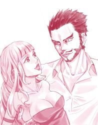 Rule 34 | 1boy, 1girl, age difference, beard, breasts, cleavage, dracule mihawk, facial hair, heart, heart-shaped pupils, highres, imminent kiss, lipstick, long hair, makeup, mustache, one piece, open mouth, perona, short hair, sideburns, source request, symbol-shaped pupils, tagme