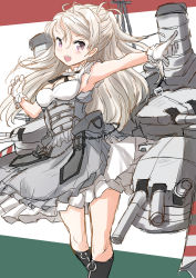Rule 34 | 1girl, black footwear, breasts, brown eyes, cleavage, commentary request, conte di cavour (kancolle), conte di cavour nuovo (kancolle), dress, frilled dress, frills, fuji (pixiv24804665), full body, gloves, grey dress, grey hair, highres, kantai collection, long hair, machinery, medium breasts, multicolored background, pointing, sleeveless, sleeveless dress, solo, standing, two side up, white gloves