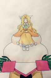 Rule 34 | 1girl, closed eyes, closed mouth, collared shirt, commentary request, dress, facing viewer, flat chest, forehead jewel, frilled dress, frills, green necktie, hands on lap, highres, kaigen 1025, kikuri (touhou), long hair, long sleeves, necktie, no nose, no shoes, parted bangs, shirt, sitting, socks, solo, touhou, touhou (pc-98), wavy hair, white shirt, white socks, wide sleeves, yellow dress