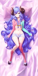 Rule 34 | 1girl, ahoge, alternate costume, blue hair, bow, braid, breasts, closed mouth, collarbone, crop top, dakimakura (medium), green shirt, hair bow, heart, heart ahoge, highres, hooves, horns, kindred (league of legends), knees up, lamb (league of legends), league of legends, long hair, looking at viewer, lying, medium breasts, navel, on back, open clothes, open shorts, pillow, pink shirt, pink thighhighs, pubic tattoo, red eyes, shirt, short shorts, shorts, solo, spirit blossom kindred, tattoo, thighhighs, twin braids, two-tone shirt, uranophane, very long hair, yellow bow
