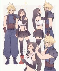 Rule 34 | 1boy, 1girl, black hair, black shirt, black skirt, black thighhighs, blonde hair, blue eyes, boots, breasts, cloud strife, couple, final fantasy, final fantasy vii, final fantasy vii remake, gloves, hetero, highres, holding hands, imminent kiss, long hair, low-tied long hair, music, pudelmudel, red eyes, shirt, shoulder pads, singing, skirt, spiked hair, square enix, suspender skirt, suspenders, tank top, thighhighs, tifa lockhart, undershirt, white tank top