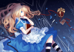 Rule 34 | 1girl, alice (alice in wonderland), alice in wonderland, apron, blonde hair, blue eyes, book, crown, dhiea, frills, gathers, hair ribbon, lace, long hair, lying, necktie, petals, ribbon, socks, solo, striped clothes, striped socks