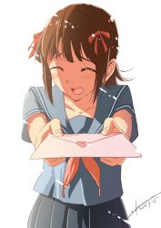 Rule 34 | 10s, 1girl, absurdres, akane (getwild23), amami haruka, blush, brown hair, confession, closed eyes, flustered, hair ribbon, highres, idolmaster, idolmaster (classic), idolmaster 2, letter, love letter, open mouth, ribbon, school uniform, short hair, simple background, solo, uniform