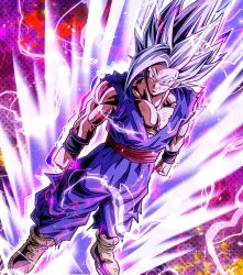 Rule 34 | 1boy, aura, brown footwear, clenched hands, dougi, dragon ball, dragon ball super, dragon ball super super hero, electricity, full body, gohan beast, highres, long hair, male focus, muscular, muscular male, pants, purple pants, purple shirt, red eyes, red sash, sash, shirt, solo, son gohan, spiked hair, torn clothes, torn shirt, ushi (akabec0), white hair