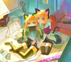 Rule 34 | 2girls, absurdres, animal ear headphones, animal ears, black skirt, black thighhighs, blue archive, blue necktie, blunt bangs, book, book stack, cat ear headphones, cat tail, chinese commentary, commentary request, couch, fake animal ears, green eyes, gun, hair over shoulder, handheld game console, hands up, headphones, highres, holding, holding handheld game console, indoors, ink zi mo, jacket, looking at object, midori (blue archive), momoi (blue archive), multiple girls, necktie, no shoes, off shoulder, orange hair, pink eyes, pleated skirt, seiza, shirt, sitting, skirt, tail, thighhighs, weapon, white jacket, white shirt, yokozuwari