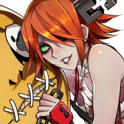 Rule 34 | 1girl, a.b.a, bandages, blood, blood on clothes, green eyes, guilty gear, guilty gear xx, heart, heart-shaped pupils, kin mokusei, paracelsus (guilty gear), red hair, short hair, stitched mouth, stitches, symbol-shaped pupils