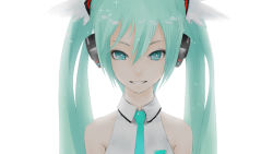 Rule 34 | 1girl, adapted costume, aqua necktie, blue eyes, blue hair, collared shirt, hair between eyes, hatsune miku, headphones, last night good night (vocaloid), long hair, matching hair/eyes, necktie, portrait, redjuice, shirt, simple background, smile, solo, sparkle, twintails, vocaloid, white background