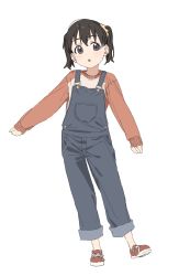 Rule 34 | 1girl, :o, absurdres, black hair, blush, child, denim, hair between eyes, hair ornament, highres, kona ming, kuraue hinata, long sleeves, looking to the side, open mouth, orange shirt, overalls, pants, pants rolled up, purple eyes, red footwear, scrunchie, shirt, short hair, simple background, solo, standing, twintails, white background, yama no susume, yellow scrunchie