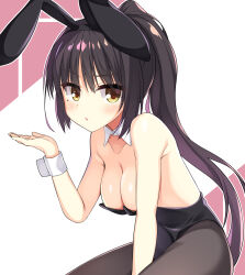 Rule 34 | 1girl, animal ears, aria (koiiroharemoyou), arm between legs, bare shoulders, black hair, black leotard, black pantyhose, blush, breasts, cafe stella to shinigami no chou, cleavage, collar, collarbone, commentary request, eyelashes, eyes visible through hair, fake animal ears, furrowed brow, hand up, highres, large breasts, leotard, long hair, looking at viewer, mole, mole under eye, pantyhose, parted lips, pink background, playboy bunny, ponytail, rabbit ears, shiki natsume, sidelocks, sitting, solo, spread legs, two-tone background, very long hair, white background, white collar, white wrist cuffs, wing collar, wrist cuffs, yellow eyes, yuzu-soft