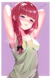 Rule 34 | 1girl, absurdres, armpits, arms up, blunt bangs, blush, bocchi the rock!, border, bow, braid, braided ponytail, breasts, breath, collarbone, covered erect nipples, dress, drunk, green dress, green tank top, hair bow, hair over shoulder, highres, hiroi kikuri, looking at viewer, manakaze, medium dress, open mouth, purple background, purple eyes, red hair, sharp teeth, simple background, single braid, small breasts, smile, squeans, steam, steaming body, sweat, tank top, teeth, upper body, white border