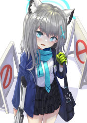 Rule 34 | 1girl, :o, animal ears, assault rifle, bag, black skirt, blue archive, blue eyes, blue jacket, blue necktie, blue scarf, gloves, green gloves, grey hair, gun, halo, highres, holding, holding gun, holding weapon, jacket, long sleeves, looking at viewer, medium hair, mg42cat-k1ng, necktie, open clothes, open jacket, open mouth, rifle, scarf, school uniform, shiroko (blue archive), shirt, shoulder bag, sig sauer 556, single glove, skirt, solo, weapon, white background, white shirt