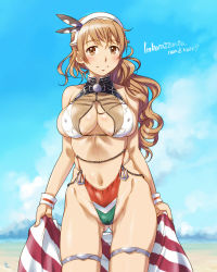 Rule 34 | 10s, 1girl, arms at sides, bikini, bikini tan, blue sky, blush, breasts, brown eyes, brown hair, chain, cleavage, closed mouth, cloud, cloudy sky, commentary request, covered erect nipples, cowboy shot, day, gluteal fold, groin, headdress, highleg, highleg bikini, holding, italian text, kantai collection, large breasts, littorio (kancolle), long hair, looking at viewer, navel, outdoors, sameha ikuya, sky, smile, solo, swimsuit, tan, tanline, thigh strap, translation request, wrist cuffs