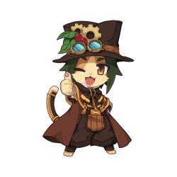 1boy :3 barefoot belt brown_belt brown_capelet brown_coat brown_eyes brown_hat brown_pants brown_shirt capelet cat_boy cat_tail chibi chibi_only coat fang full_body furry furry_male gear_hat_ornament goggles goggles_on_headwear green_hair hat hat_ornament holly_hat_ornament looking_at_viewer male_focus official_art one_eye_closed open_mouth pants ragnarok_online shirt short_hair simple_background smile solo summoner_(ragnarok_online) tail tail_armor thumbs_up transparent_background yuichirou