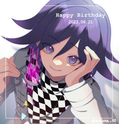 Rule 34 | 1boy, annyu, artist name, checkered clothes, checkered scarf, danganronpa (series), danganronpa v3: killing harmony, dated, flipped hair, grey jacket, hair between eyes, happy birthday, highres, holding, holding spoon, jacket, long sleeves, looking at viewer, male focus, oma kokichi, open mouth, purple eyes, scarf, shadow, short hair, smile, solo, spoon, white background