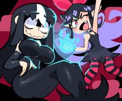 Rule 34 | 2girls, bare shoulders, black dress, black hair, blue fire, borrowed character, bourbunbun, breasts, dress, fang, fingerless gloves, fire, gloves, highres, large breasts, long hair, multiple girls, noss (rariatto), one eye closed, pantyhose, red eyes, sidelocks, striped clothes, striped pantyhose, vampire, zakuro (rariatto)